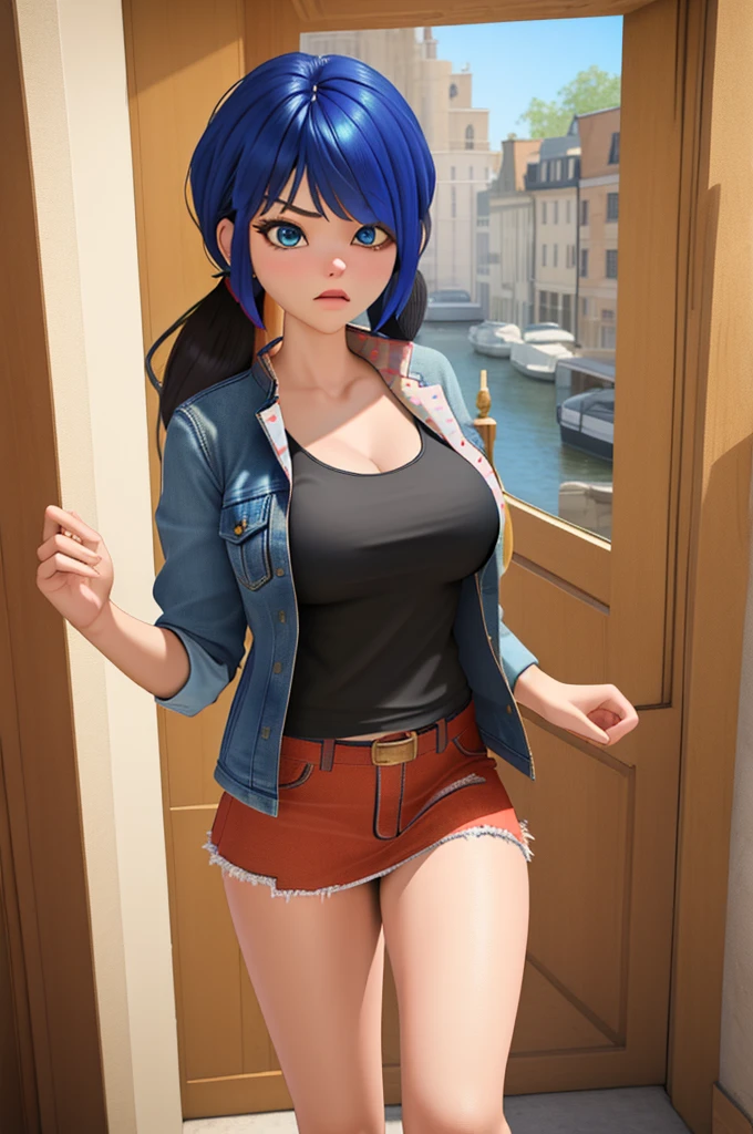 (8k, RAW photo, best quality, masterpiece:1.2), (intricate details), perfect eyes, perfect face, perfect lighting, beautiful, (masterpiece:1.2), (best quality:1.2), 1girl, solo, marinette, blue hair, (( hair in ponytail, bangs over one eye )), adult torso, 19 years old, angry, huge sized breasts, (tank top, denim jacket, red skirt), cowboy shot, 3DMM, standing, front view, 