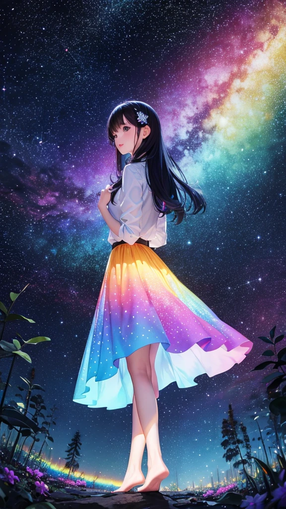 colorful forest, Starry Sky,Sparkling, woman,16K, Ultra-high resolution, Ultra-high resolution, born,Fantastic ,future、Shining in rainbow colors、The world 30 years from now。