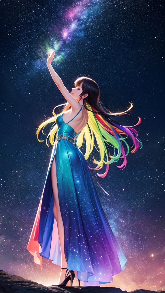 colorful forest, Starry Sky,Sparkling, woman,16K, Ultra-high resolution, Ultra-high resolution, born,Fantastic ,future、Shining in rainbow colors、The world 30 years from now。