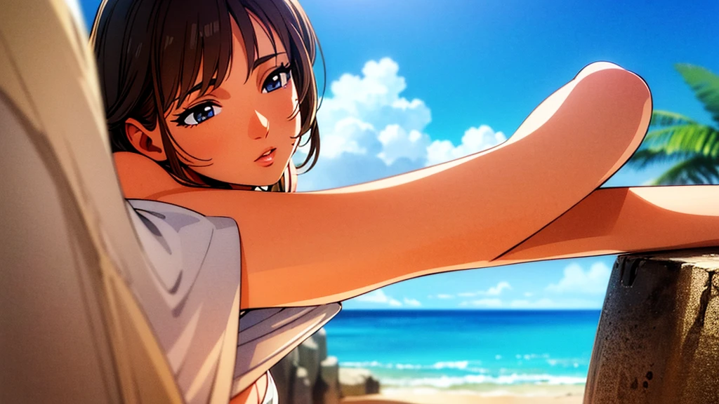 a beautiful woman with short white hair wearing a white bikini, standing on a sandy beach, looking out at the calm and serene ocean, (best quality,4k,8k,highres,masterpiece:1.2),ultra-detailed,(realistic,photorealistic,photo-realistic:1.37),detailed eyes,detailed lips,extremely detailed face and body,long eyelashes,beautiful detailed skin,blue sky with fluffy clouds,glowing warm colors,soft focus,