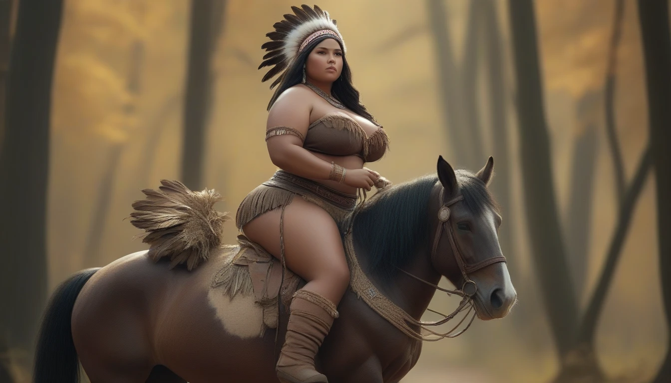 ((masterpiece)), ((best quality)), ((highres)), ((extremely detailed)), ((long shot, back view)), 1 black skinned large BBW girl as Pocahontas costume, full body, Beautiful Native American woman, mature woman, Big breast, (super realistic), (peerless beauty), detailed skin texture, detailed cloth texture, beautiful detailed face, intricate details, ultra detailed, indigenes feather jewelry, feather headdress, traditional handmade dress, (((riding on a huge fat Clydesdale horse))), (((road in the middle of the sparse wood))), ultra realistic, concept art, elegant, ((intricate)), ((highly detailed)), depth of field, ((professionally color graded)), soft ambient lighting, midday, (Best quality, A high resolution, Photorealistic, primitive, 8K,Masterpiece, ),Best quality, Masterpiec8K.hdr, (vivd colour:1.10). full side view