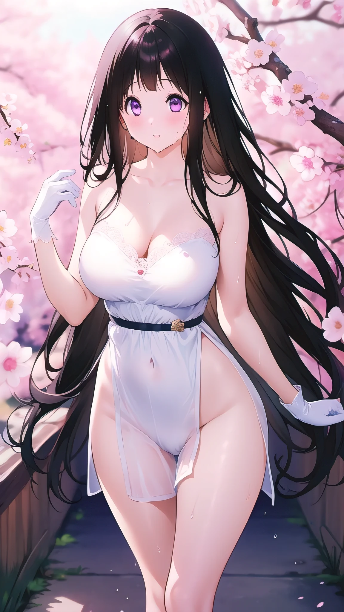Amazing Chitanda, There is only one beautiful girl,Purple Eyes, Black Hair, Very red face,Very white skin,Glowing skin,Skin as delicate as porcelain,Naturally straight hair, Straight bangs,Extremely refined,Open lips,Long flowing hair,Beautiful Girl, Like a dream,Slim,Slim waist,soft, (sensuous), (Kawaii), Dream quality,Beautiful big breasts,Transparent loose white dress,areola,Completely naked,Lower edge of breast,White gloves,Flower decoration,Deep V neckline,Loose neckline,Lace-up,Wide neckline,Walking in school,Place your hands on your inner thighs,Thighs clamp hands,Wet skin,Sweaty and sweaty,Sweating all over,Underwear Rain,Next to the cherry blossom trees,Back to,Lean over,Hips,Side body,Gluteal groove,Completely naked buttocks,Bare back,Completely naked back,Light transmission,(no pants),nopan,pussy juice,Bare shoulders,Bare neck,Exposed collarbone,Exposing breasts,Exposing breasts side,Exposing breasts,Show your waist,Show your buttocks,Show your thighs,Exposing the groin,(No pants),extremely shy,Ultra-high resolution, (masterpiece:1.2, best quality), (Delicate and beautiful eyes: 1.2), (Beautiful and delicate face)