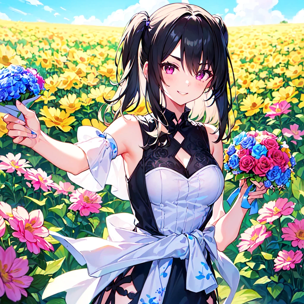 masterpiece, best quality, high quality, extremely detailed, very delicate and beautiful, (1 female 18 years old solo:1.5), (long black hair up to waist with two side up:1.4), bangs to eyebrows, eyes (eyes sharp, strong, glossy, glossy eyebrows), (eye color magenta: 1.3), 6.5 head height, (summer flower print fashion: 1.3), knee socks, ruffles, lace, (smiling), (holding a bouquet of summer flowers: 1.3), (dynamic pose), (background summer colorful flower field: 1.3), (Blue Sky: 1.3), (upper body:1.3)