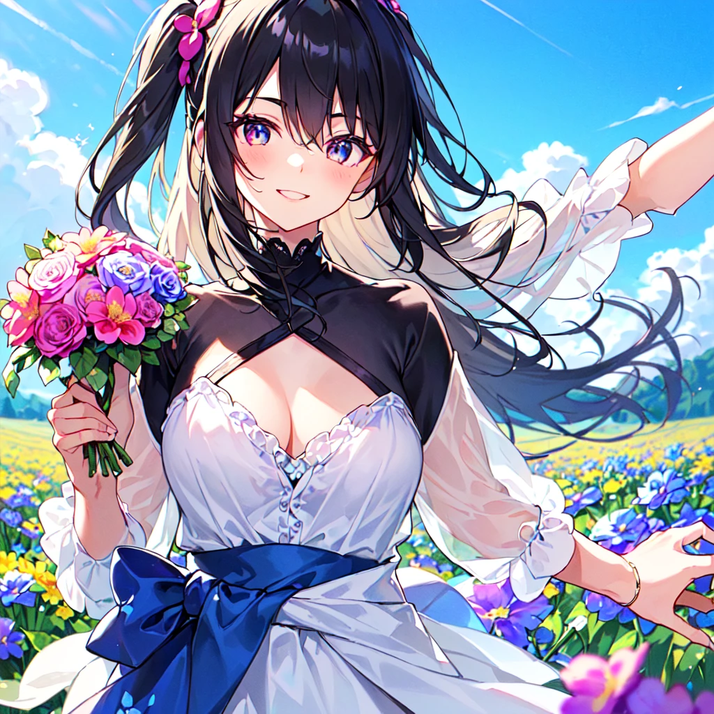 masterpiece, best quality, high quality, extremely detailed, very delicate and beautiful, (1 female 18 years old solo:1.5), (long black hair up to waist with two side up:1.4), bangs to eyebrows, eyes (eyes sharp, strong, glossy, glossy eyebrows), (eye color magenta: 1.3), 6.5 head height, (summer flower print fashion: 1.3), knee socks, ruffles, lace, (smiling), (holding a bouquet of summer flowers: 1.3), (dynamic pose), (background summer colorful flower field: 1.3), (Blue Sky: 1.3), (upper body:1.3)