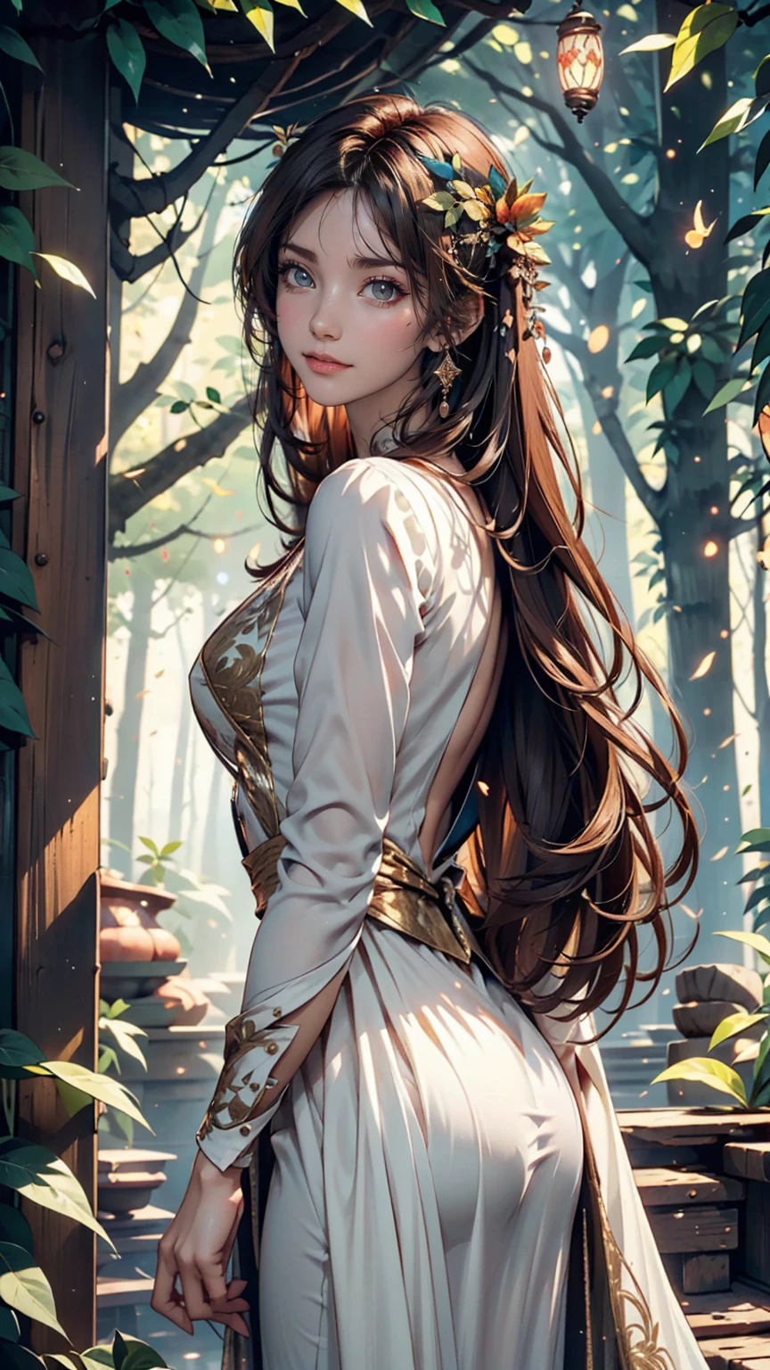 One girl, ,,Smile more, High-resolution images, woman, Her hair was decorated with glowing fireflies, Captivatingly shining eyes. Wearing a gown woven with moonlight, She is a tree々Standing in a vibrant and mysterious forest. scene, Surrounded by the fantastic light of fireflies, captured in the style of a magical forest arツーork., (masterpiece, Highest quality, Official Art,Intricate details:1.2)