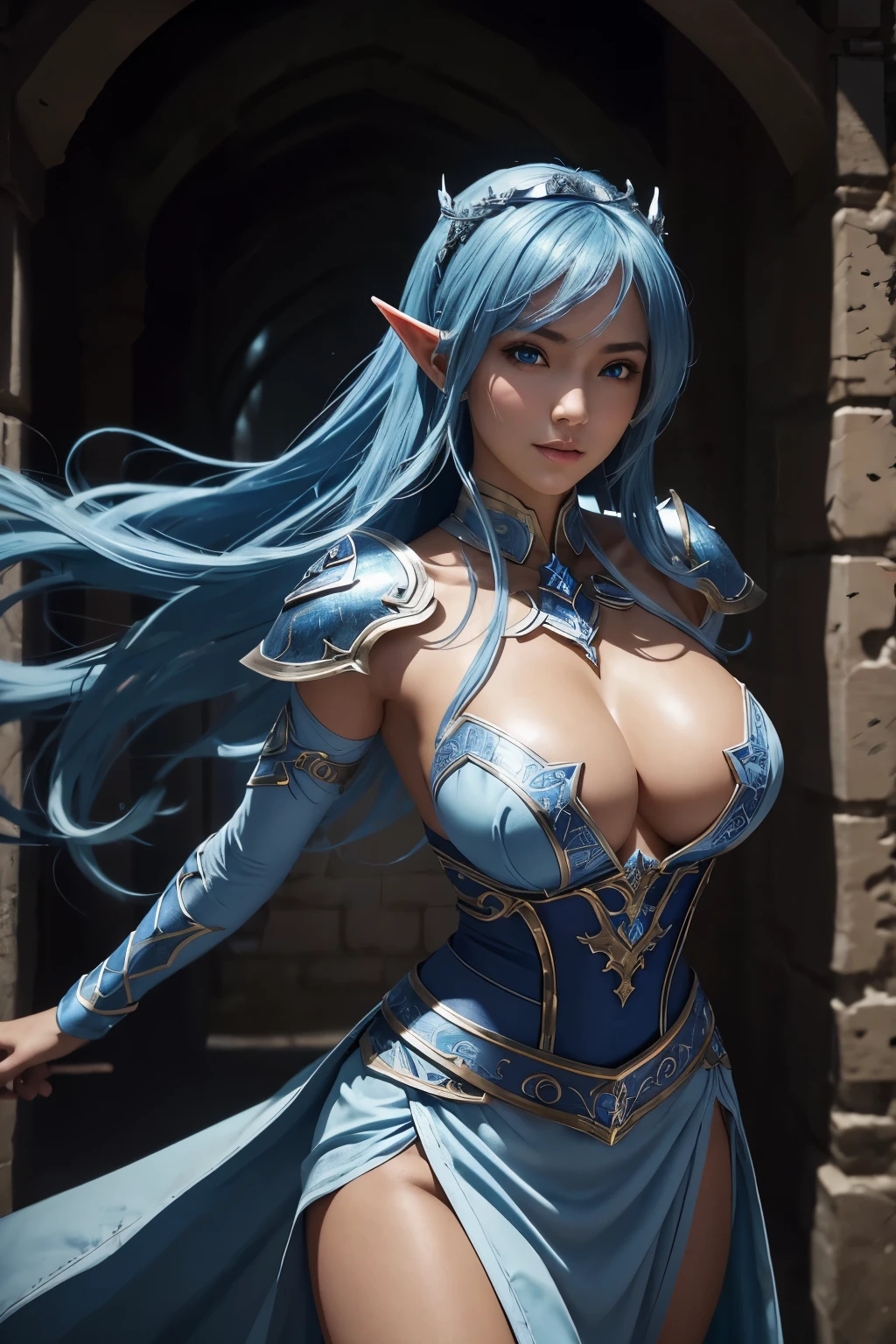 8K、A dark elf paladin in gorgeous blue and white chest armor.、Super Beauty(Realistic)、Tan Skin、Elf Ears、Model Chute Style、(非常にdetailedなCGユニティ8K壁紙)、Full body photos of the most beautiful works of art in the world、Front 4 poses、Blue Hair、Gorgeous blue and white long combat skirt、diamond、Medieval architecture、Talked about at the art station、CG Trends、detailed、Every detail、Sharp focus、very, very big breasts、blue eyes、Audience、Beautiful expression、Accentuate your cleavage、Beautiful decoration、smile、make、Inside the cave、Tan Skin、Beautiful Blue Hair、Tan Skin、Rich colors、Backlight、Cinema Lighting、Film Grain、50mm lens、Nikon D850、Ultra-high resolution、Ultra-realistic、Dynamic fighting poses、In the dark dungeon、Makeup,Holds a thin blue and silver sword,Tan Skin,very, very big breasts,Holy Knight,scenery,