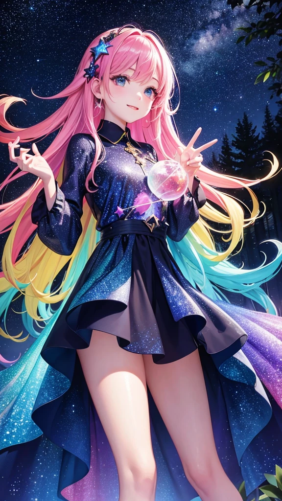 colorful forest, Starry Sky,Sparkling, woman,16K, Ultra-high resolution, Ultra-high resolution, born,Fantastic ,future、Shining in rainbow colors、The world 30 years from now。