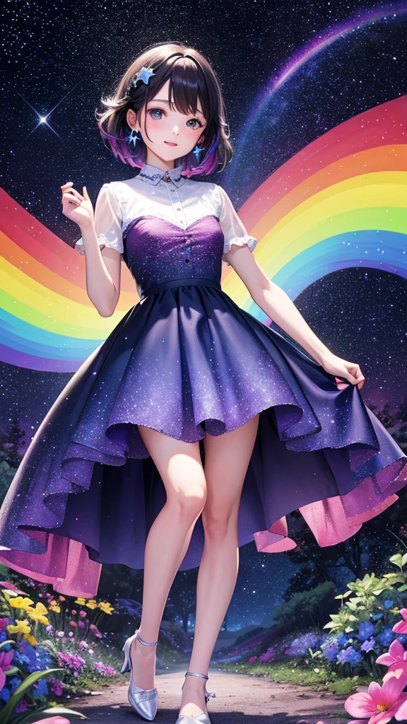 colorful forest, Starry Sky,Sparkling, woman,16K, Ultra-high resolution, Ultra-high resolution, born,Fantastic ,future、Shining in rainbow colors、The world 30 years from now。