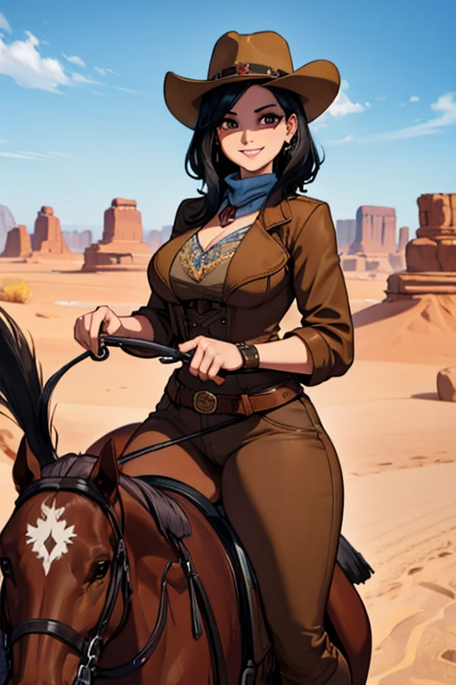 Perfect face, Perfect hands. A black haired female cowgirl with brown eyes and an hourglass figure in a conservative cowgirl's outfit is riding a horse in the desert with a big smile