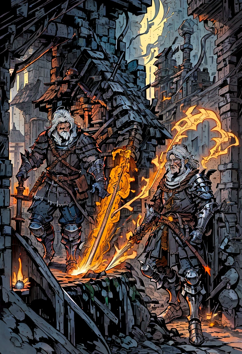 a man in a blacksmith shop with a hammer and a glowing light, the blacksmith, blacksmith, inspired by Johannes Helgeson, medieval fantasy game art, detailed game art illustration, the god of the forge, fantasy rpg book illustration, female dwarven blacksmith, by Johannes Helgeson, high quality dnd illustration, working in the forge