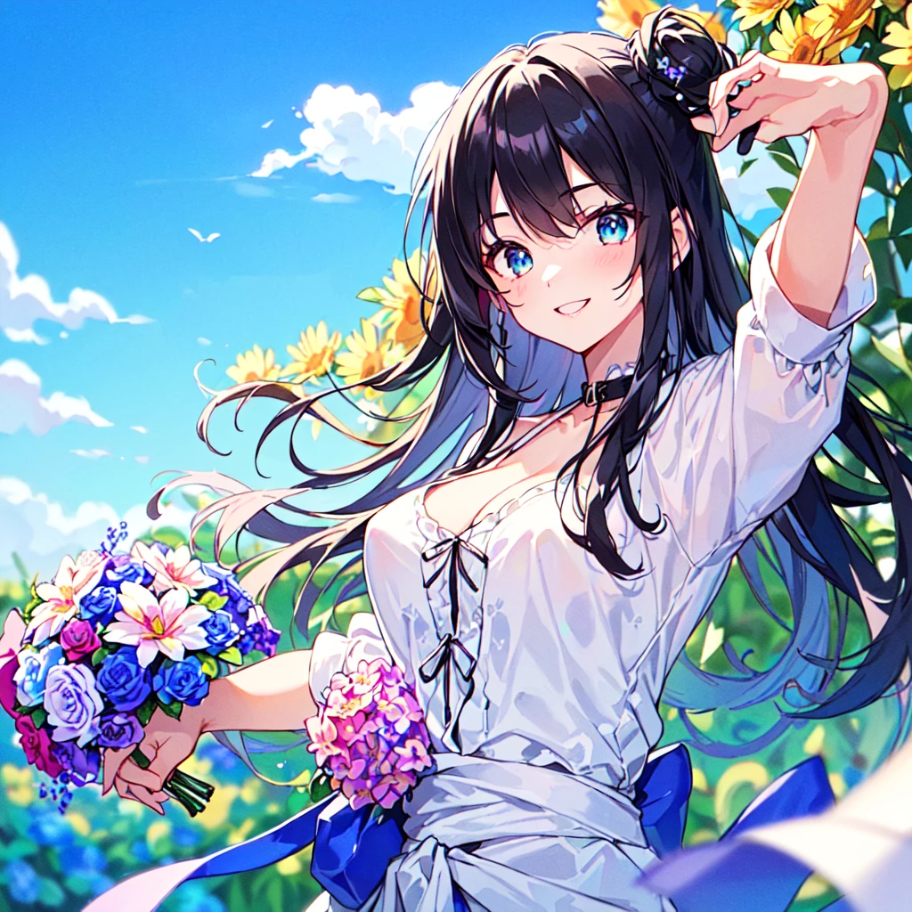 masterpiece, best quality, high quality, extremely detailed, very delicate and beautiful, (1 female 18 years old solo:1.5), (long black hair up to waist with two side up:1.4), bangs to eyebrows, eyes (eyes sharp, strong, glossy, glossy eyebrows), (eye color magenta: 1.3), 6.5 head height, (summer flower print fashion: 1.3), knee socks, ruffles, lace, (smiling), (holding a bouquet of summer flowers: 1.3), (dynamic pose), (background summer colorful flower field: 1.3), (Blue Sky: 1.3), (upper body:1.3)