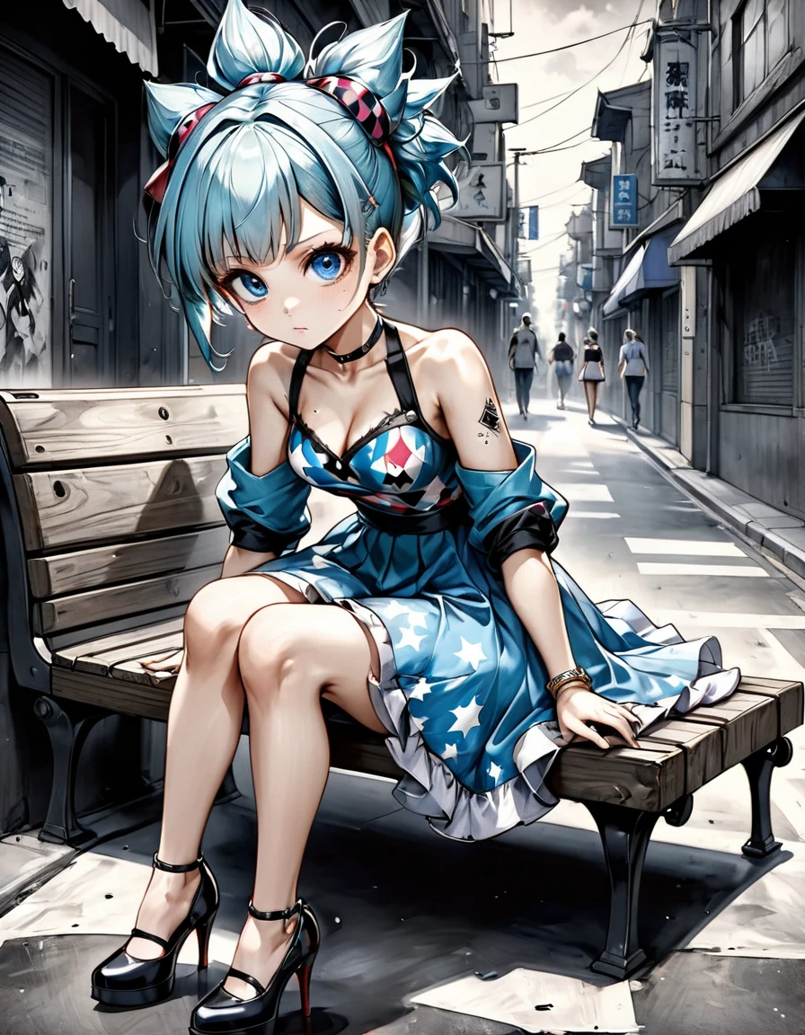 bleach style anime bulma + Serious Harlequin with straight mohawk hair thin V-cut dress with stars print ripped high heels walking on a dark gloomy street scared style photo realism, fully detailed drawing in black and monochromatic bench and only the strong blue eyes