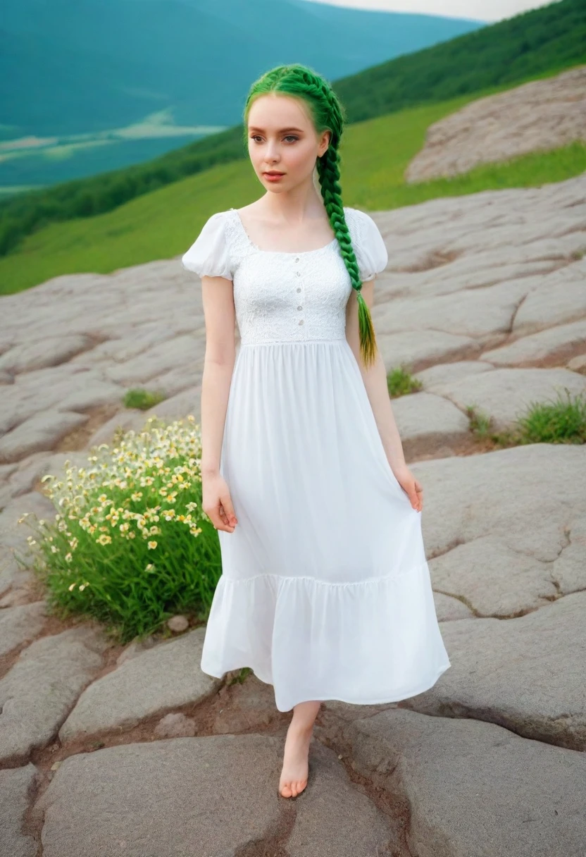 a beautiful woman with pale skin, with green braids in which many daisies grow, a woman in a white dress, slender, walks on mountain stones