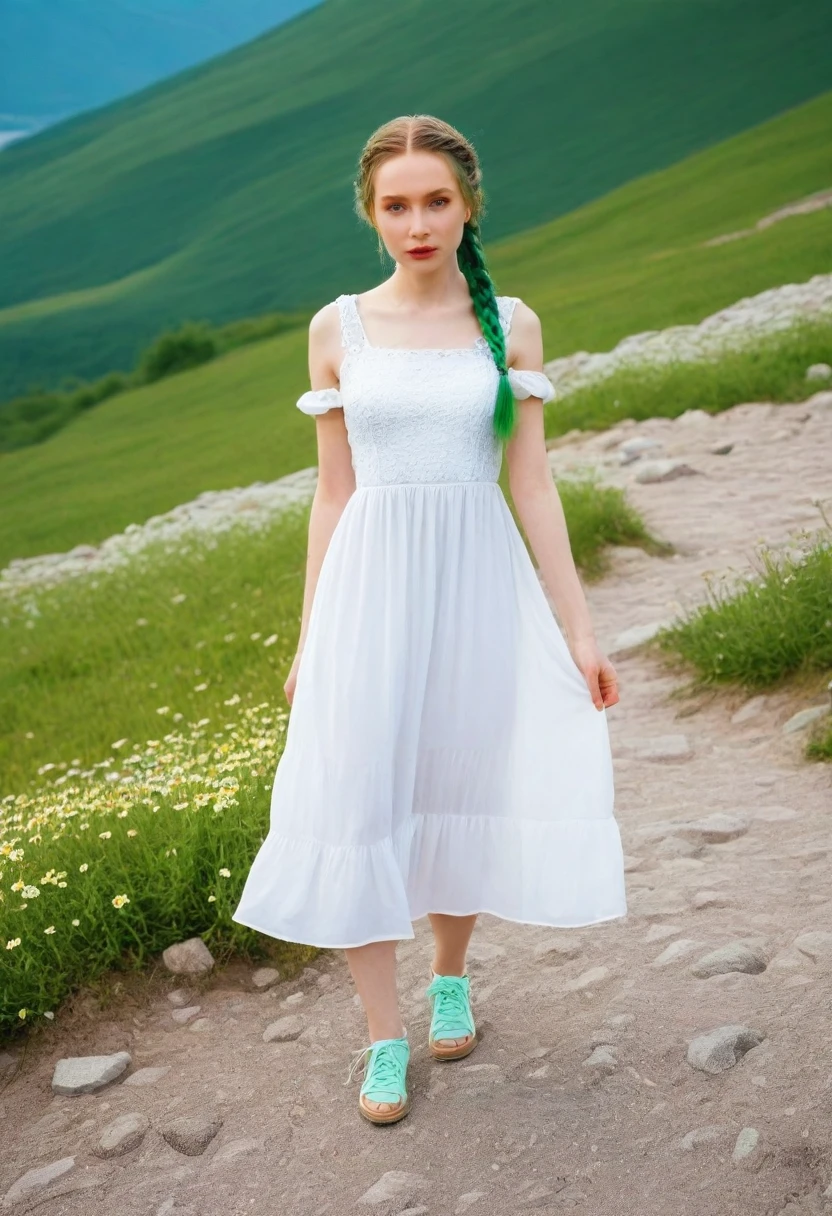 
a beautiful woman with pale skin, with green braids in which many daisies grow, a woman in a white dress, slender, walks on mountain stones