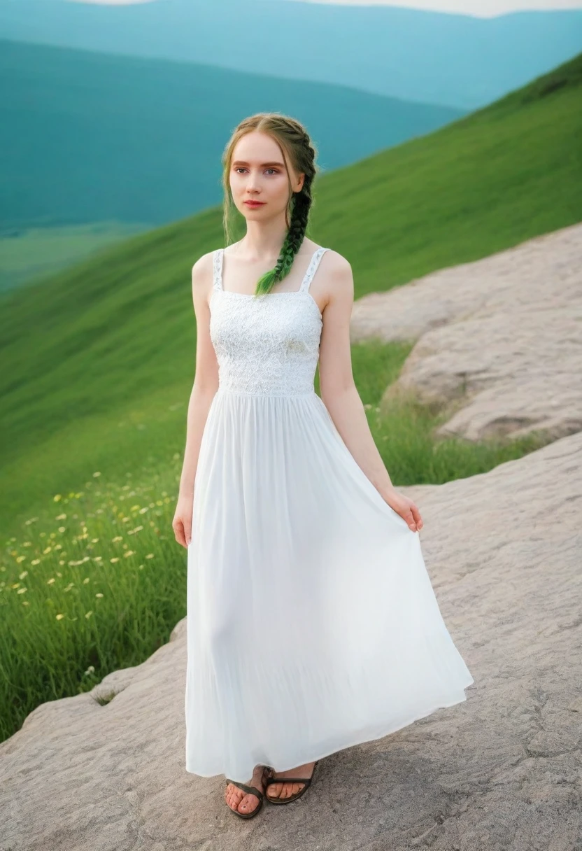 
a beautiful woman with pale skin, with green braids in which many daisies grow, a woman in a white dress, slender, walks on mountain stones