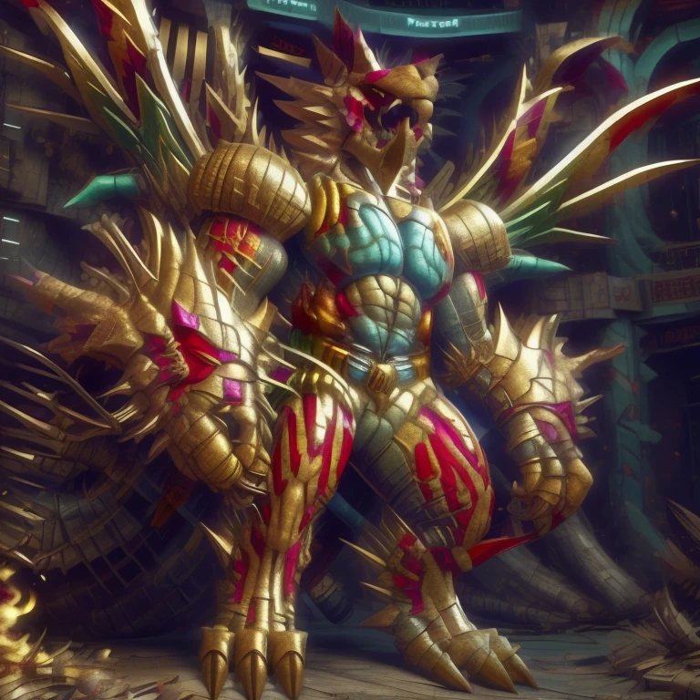 (masterpiece. official art. 8k. best quality. detailed full body. full body.)
(situation 1 : dominating The Phoenix Wolf. The Phoenix Wolf is over 1000 meters long. focus GIANT mechanical Muscular The Phoenix Wolf is trampling the car. Looking down.)
(situation 2 :smoke and flames rising from the destruction in the city)
(Additional details 1: Wearing golden Armor. Cape. Helmet. real texture material. whole body shines like metal. emphasizes the muscles. suit fully made of metal.Robotic suit).
(Additional details 1.5: The arms are golden. The lower half of the body is golden. The wolf-shaped helmet has sharp fangs. The whole body is golden. The chest area is also golden. There is a ring above the head.).
(Additional details 2: Detailed head. Detailed Body. Detailed abs. gigantic muscles. HYPER MUSCLES. Gigachad Muscular. big muscle. pecs. triceps. traps. unusually developed muscular body. body full of huge muscles. showing off muscles. pectorales enormes. Exaggeratedly huge muscles. huge muscles. long legs.).
(Additional details 3: Spread wings. It has wings. The claws are sharp. Sharp teeth.). He is laughing defiantly. The claws are sharp. Sharp teeth.).
(Additional details 3.5 : nj5furry, He is laughing defiantly. medieval armor.).
(Additional details 4: golden dick, golden cock, golden hyper penis. hyper golden penis. big penis)
Armored Flazzard. The armor is like dragon scales..