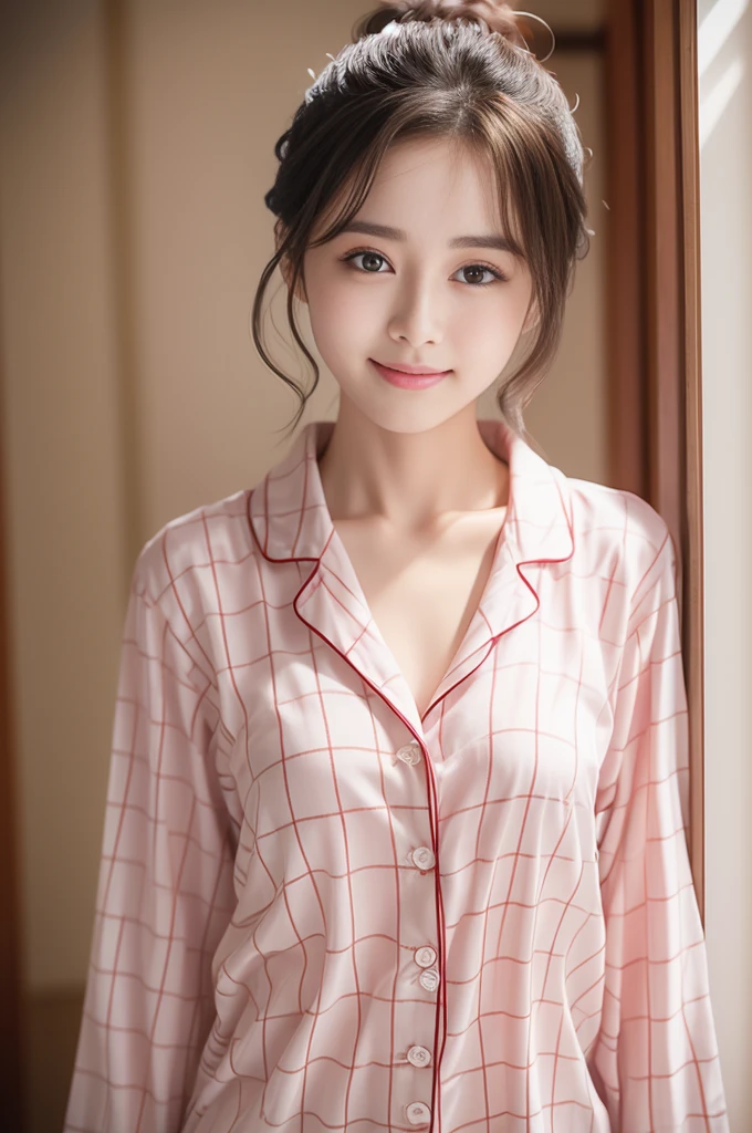 pajamas、Gingham check、pink、Detailed face、Detailed lips、Detailed eyes、Glowing Skin、One person、Open shirt