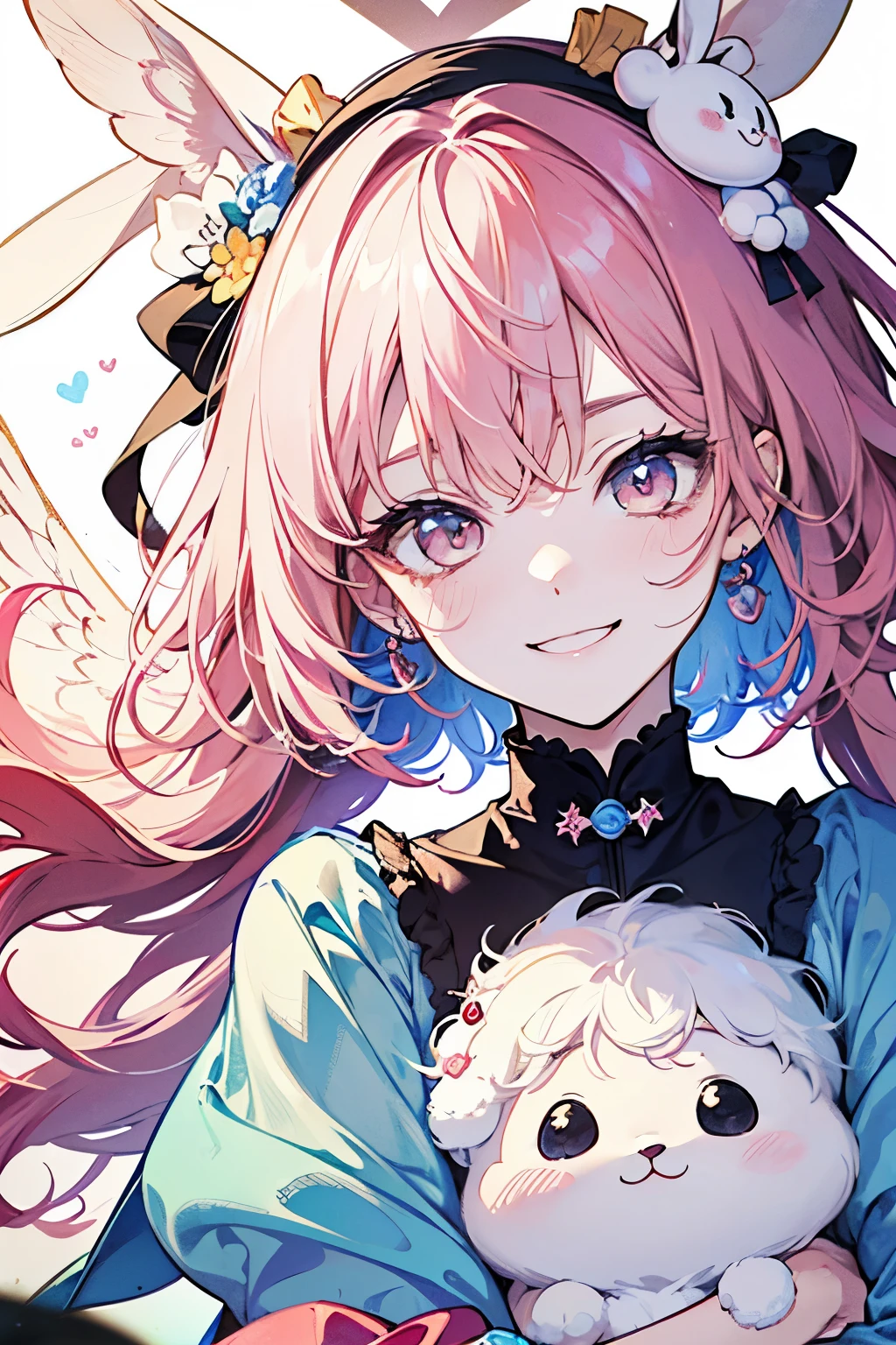 chibi character,Rabbit motif,(brush),((cute,kawaii,wonderland)),((pastel color)),((Cute assortment)),(A bright red smile),((Bizarre:1.3)),Shiny beige hair,(Rainbow),((Angel:1.2)),((Angel of Slaughter:1.25)),