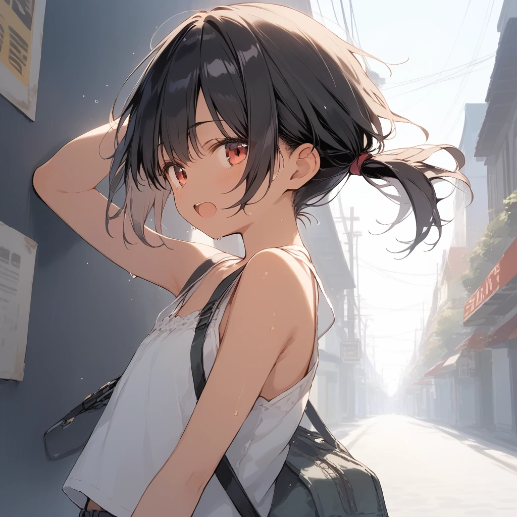 score_9, score_8_up, score_7_up, source_anime, best quality, masterpiece, official art, absurdres, highres, ultra-detailed,waifu2x,Collection: Slice of Life,break,1girl, tomboy, dark-skinned female, short hair, low ponytail, flat chest, beautiful detailed eyes, short shorts, sweat, open mouth, (yawn:0.3), sleepily, outdoors, wind, break,(clear line illustration:1.2),very high resolution, very aesthetic, super detailed skin, Best sexual lighting powered by famous artist, 8k,cute picture,beauty illustration,photoshop_(medium),,(Detailed Lighting),best anime 8k konachan wallpaper, pixiv contest winner,