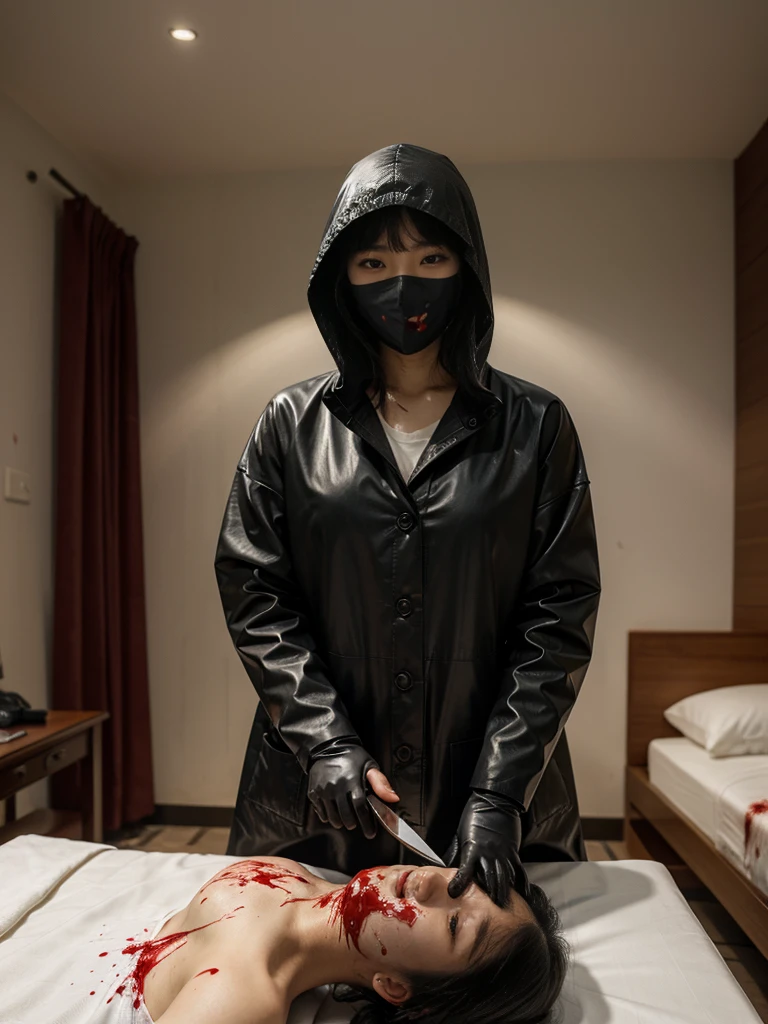 korean girl, (behind corpse, blood splatter), surgical mask, holding knife, stabbing, black raincoat, leather gloves, hood up, room full of blood, long bangs, holding knife, leather gloves, behind corpse, night, mass murderer, robbery, in the hotel,
