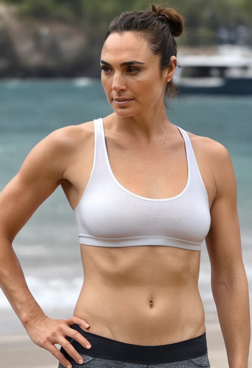 (high quality Erotic celebrity photograph ) ( galxgadt, pony ,GalGadot , tired look, exhausted , 45yo sexy woman,  on a vacation beach , pale white skin tone ,(  hair pulled back, hair bun, shiny breast , incredibly sweaty whit tank top, transparent tank top, full upper body shot ) photorealistic ) , vacation side ,celebrity erotic photograph , oily skin ,   shiny sweaty skin , celebrity, female, woman, hollywood actress, fleshy fit woman , ( perfect anatomy ,natural lights, depth of field, insanely detailed skin texture, hyper detailed features, hyper photorealistic texture )