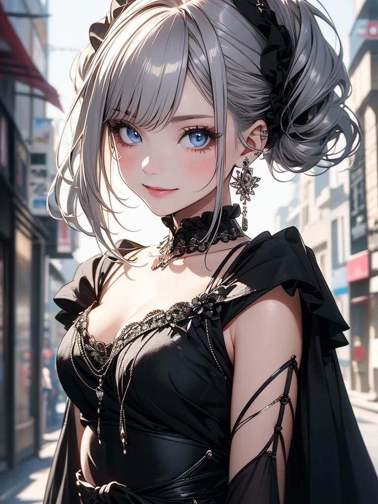 (masterpiece),(top-quality:1.2),(perfect anatomy),(1 girl),beautiful detailed blue eyes,silver hair,black Scrunchie,((latest trend clothes)),Street fashion,cute costumes,(Highly detailed elegant), Detailed skin,Standing in street,Add a dramatic and symbolic element to your scene, Silky to the touch,There is a mysterious and fascinating atmosphere,Through delicate lines and gorgeous colors,Make her beauty more vivid,Captivating smile
