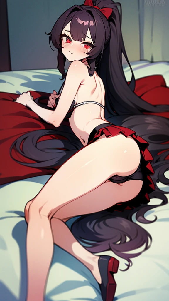 wavy black hair, piercing look with deep red eyes, average stature, Silky hair with a ponytail hairstyle collected with a red bow with two white lines., lying in her bed ,unclothed , has a vagina, has breasts,NSFW, poses perverteds, lustful look, perverted, wearing a top, wearing a mini skirt, you can see her underwear under her skirt, showing my ass to the camera, transparent lingerie panties