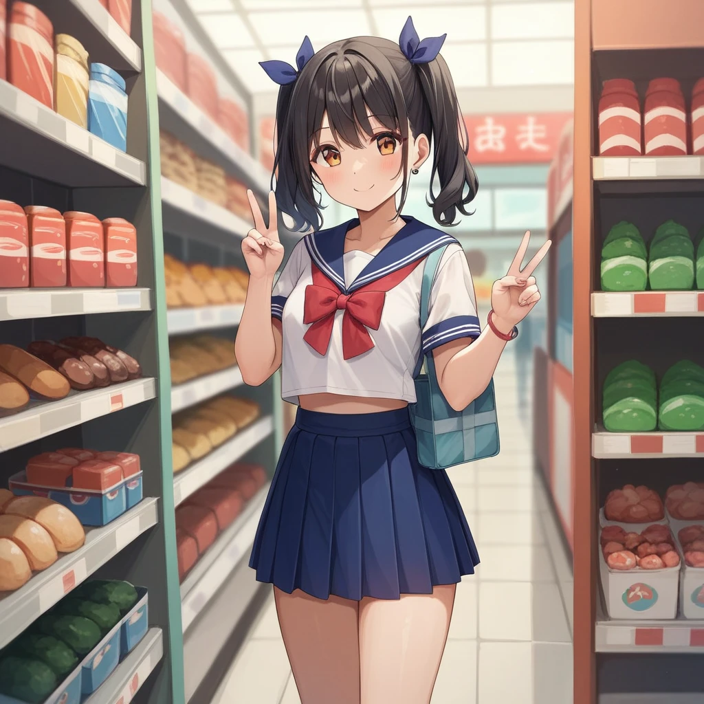 A confident smile, Two students demonstrating a gesture commonly associated with a peace sign while speaking by a cute student in a brightly lit convenience store, slacks, Black Hair, Looking at sweets, skirt, Cute hairstyles such as ponytails、Cute colored sailor uniform、 ((((complete fiでe fingers))))