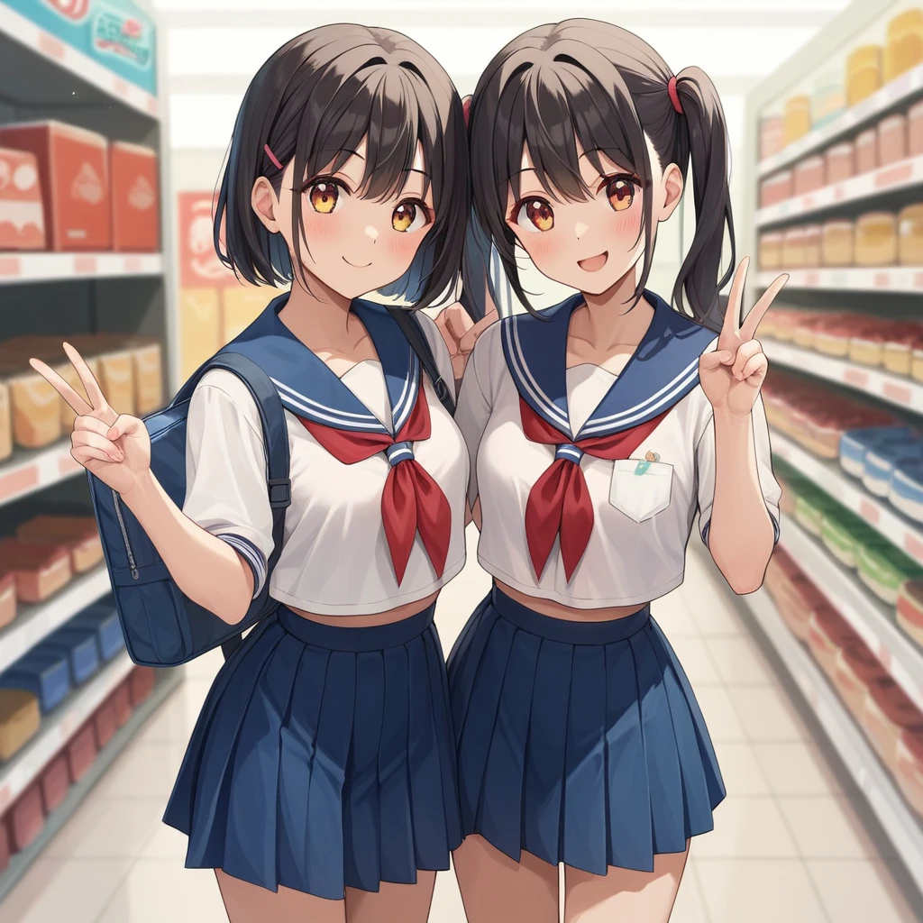 A confident smile, Two students demonstrating a gesture commonly associated with a peace sign while speaking by a cute student in a brightly lit convenience store, slacks, Black Hair, Looking at sweets, skirt, Cute hairstyles such as ponytails、Cute colored sailor uniform、 ((((complete fiでe fingers))))