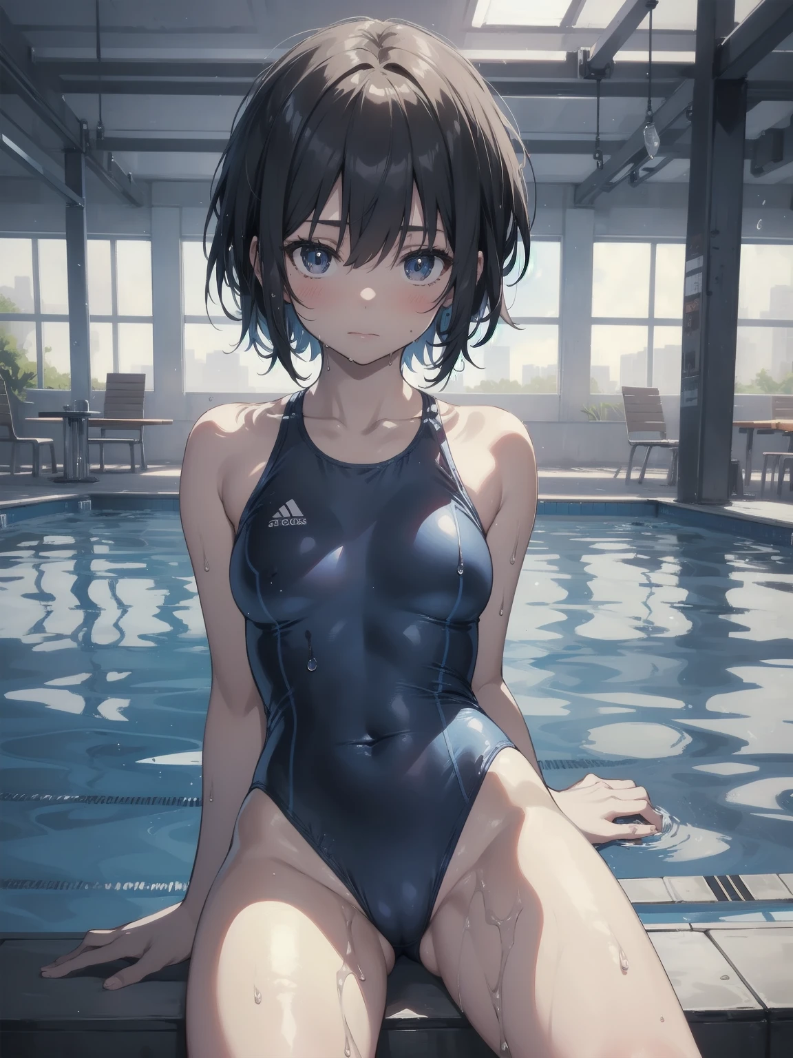 ultra-Top-quality by art God, ultra-detailed, high resolution, shinkai makoto style, anime moe artstyle, best anime 8k konachan wallpaper, pixiv contest winner, perfect anatomy, break,(Please draw a picture of a girl in a swimsuit sitting sleepily on a bench by the poolside alone.),break, a hyperrealistic school girl, (Solo,lolita, , 13-ar-1.3),l limbs, complete fingers, androgynous charm, (very short hair), wet hair, small breasts,slender body, Small butt, groin, Small black eyes,hanme,beautiful detailed eyes, well-proportioned iris and pupils, sleepy eyes, highres detailed hair, swimsuit, wet swimsuit, bare shoulders, thighs, in the school pool. break,super detailed skin, shiny skin, Best lighting powered by famous artist, 8k, illustration,UHD, textured skin,break,((artist:saiguchi_otoufu )), artist:clamp ,artist:carnelian ,artist:kantoku ,