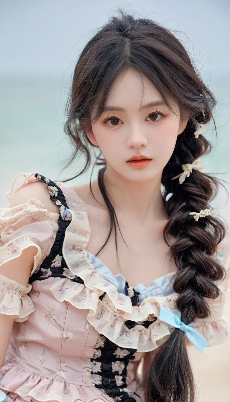 best quality, Super No, Reality, Photography of a beautiful woman, 30 years old teenage years, Delicate face, Black messy fishtail braid, (Delicate porcelain doll,Elaborate clothing with lots of ruffles and ribbons), beach, (Close-up of face), Attractive appearance, Looking at the audience