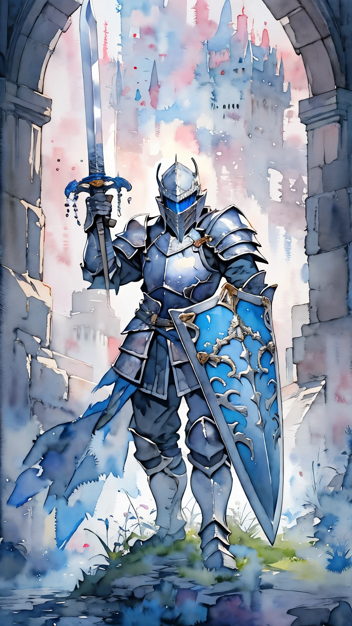 (masterpiece:1.2),(Highest quality),(Very detailedな),(Ultra-high resolution),8K,(Dark Souls Style),((watercolor)),(Knight of Judgement),Sword of Judgement,Armor of Judgement,Shield of Judgement,(One person: 1.5),Very detailed,Background is a white, gray and blue gradient,(((hands))),The background is the light of judgment