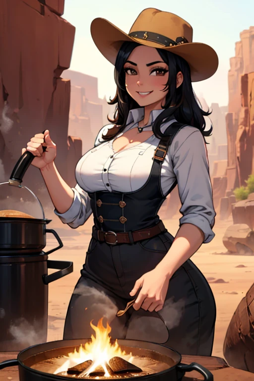 Perfect face, Perfect hands. A black haired female cowgirl with brown eyes and an hourglass figure in a conservative cowgirl's outfit is cooking a pot of coffee over a campfire with a big smile in the desert