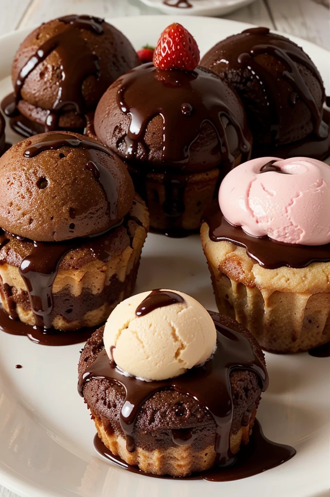 create a cute and appetizing sweet mini lava cake logo accompanied by delicious ice cream with melted chocolate and strawberries