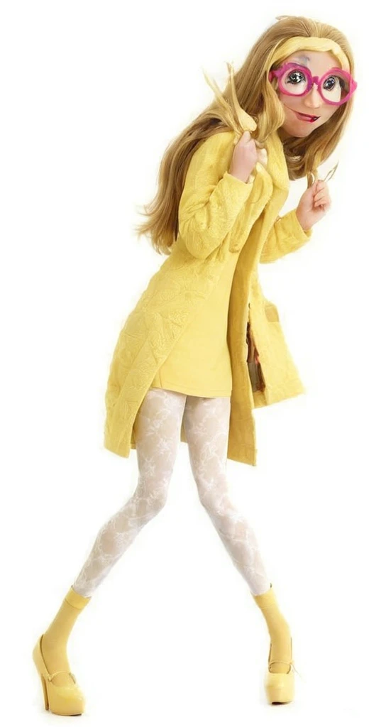 araffe dressed in yellow and white tights and a yellow coat, yellow clothes, with yellow cloths, yellow minion from despicable me, (((yellow))), with fashion clothe, lady using yellow dress, 60s style, 6 0 s style, dressed with long fluent clothes, yellow fur, wearing a yellow hoodie, from lorax movie, long yellow hair,hyperrealistic girl