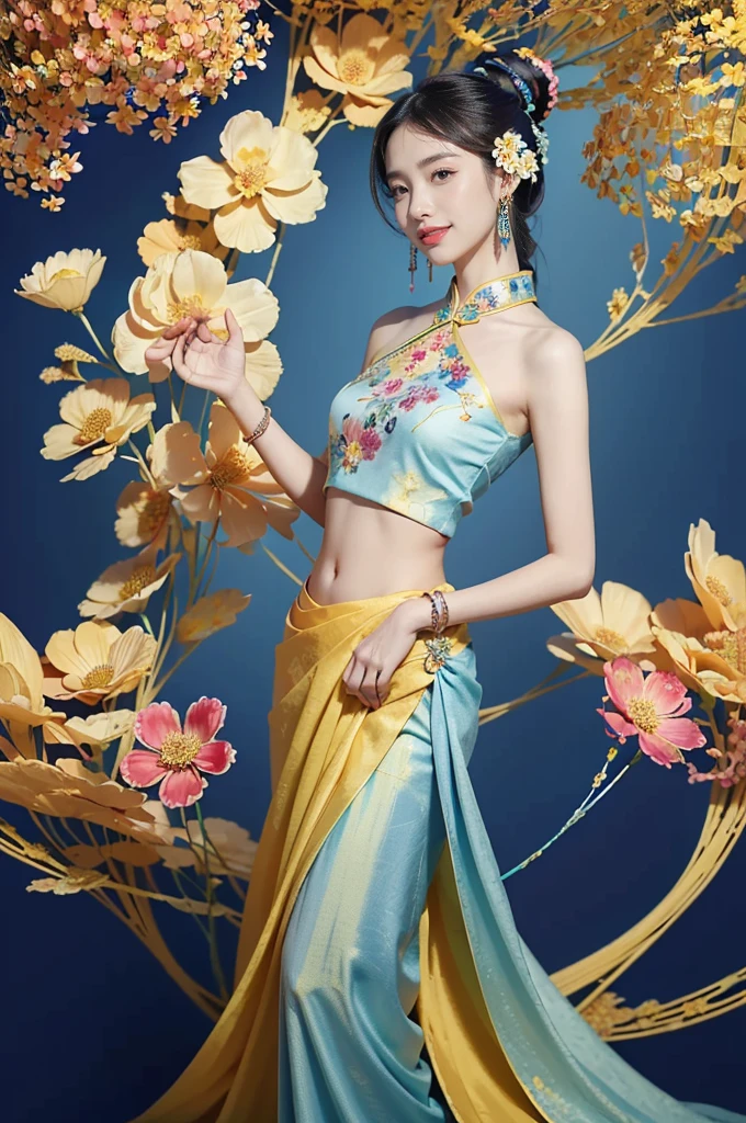 (masterpiece, Top quality, best quality, Official Art, beautiful and aesthetic:1.2), (1 Girl:1.3), Extremely detailed,(Fractal Art:1.1),(rich and colorful:1.1)(Flowers:1.3),The most detailed,(tangled:1.2),(Slim,Thin),(Happy,Smile), (Dynamic poses), (Blue Background:1.3), (Traditional Chinese cloth:1.2), (Glowing skin), (Many colors:1.4),Bare shoulders,(earrings:1.4),(Put your hands behind your back:1.3)