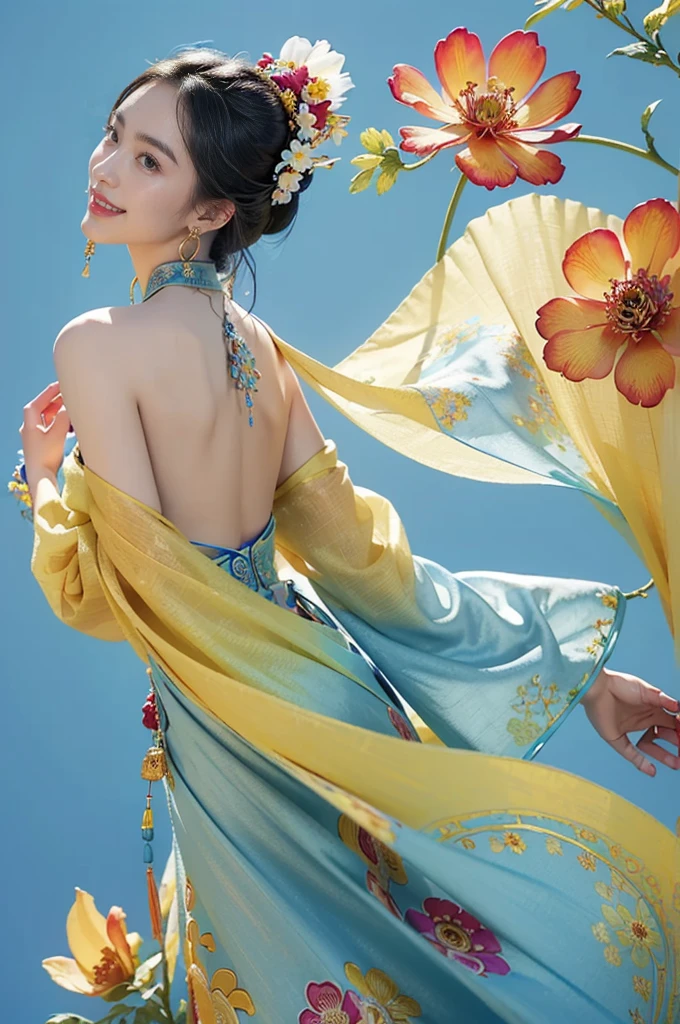 (masterpiece, Top quality, best quality, Official Art, beautiful and aesthetic:1.2), (1 Girl:1.3), Extremely detailed,(Fractal Art:1.1),(rich and colorful:1.1)(Flowers:1.3),The most detailed,(tangled:1.2),(Slim,Thin),(Happy,Smile), (Dynamic poses), (Blue Background:1.3), (Traditional Chinese cloth:1.2), (Glowing skin), (Many colors:1.4),Bare shoulders,(earrings:1.4),(Put your hands behind your back:1.3)