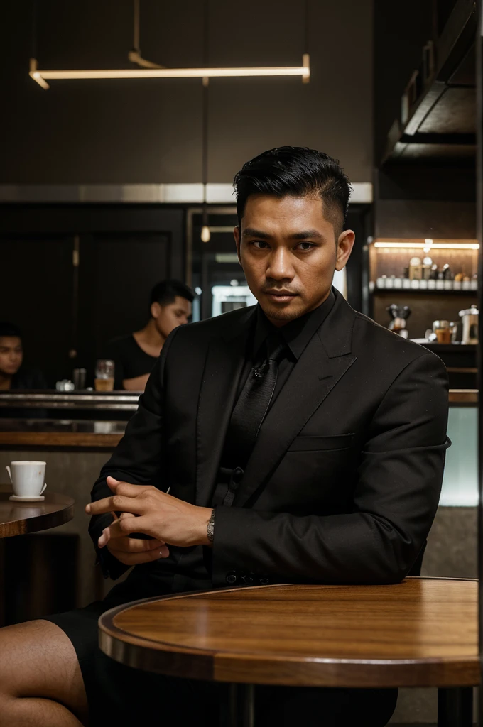 a handsome Indonesian man aged 30 years wearing a black mafia suit, black trousers ,Undercut hair is combed neatly, relaxing while sitting with a bunch of mafia ,On the table there are cigarettes, black coffee snacks in a cafe ,the background of the night is full of people until it is real,ultra,quality,very sharp,clear