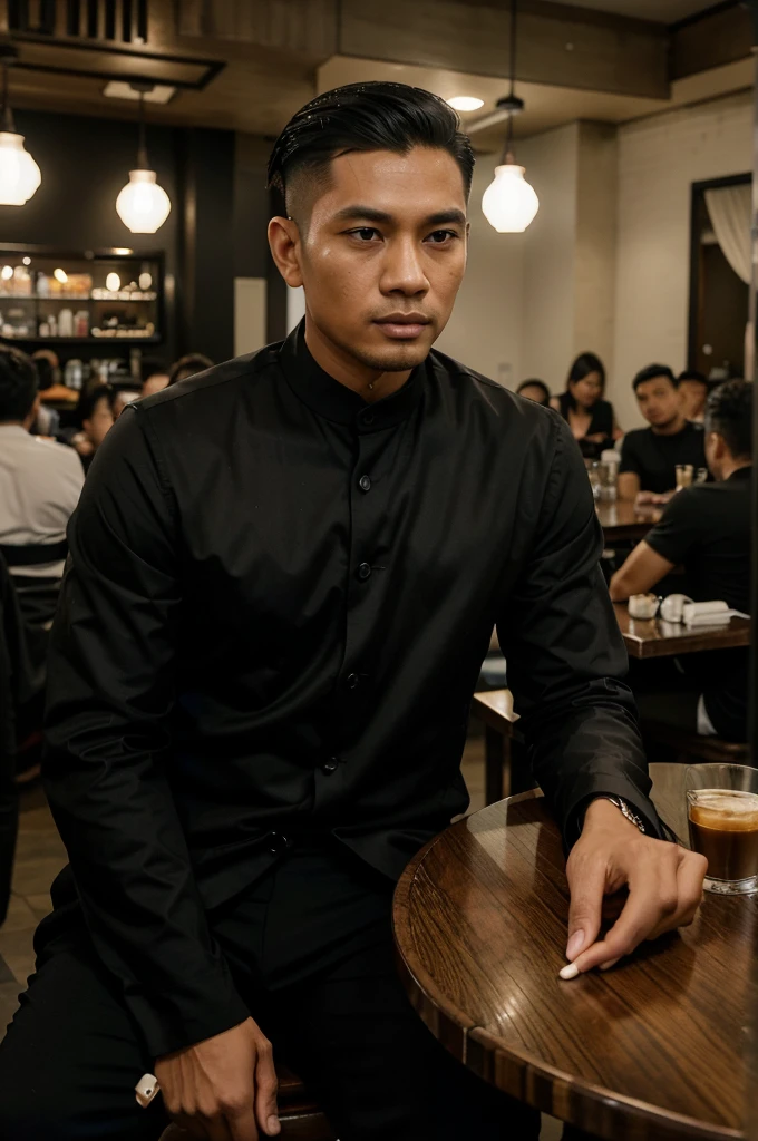 a handsome Indonesian man aged 30 years wearing a black mafia suit, black trousers  ,Undercut hair is combed neatly, relaxing while sitting with a bunch of mafia ,On the table there are cigarettes, black coffee snacks in a cafe ,the background of the night is full of people until it is real,ultra,quality,very sharp,clear