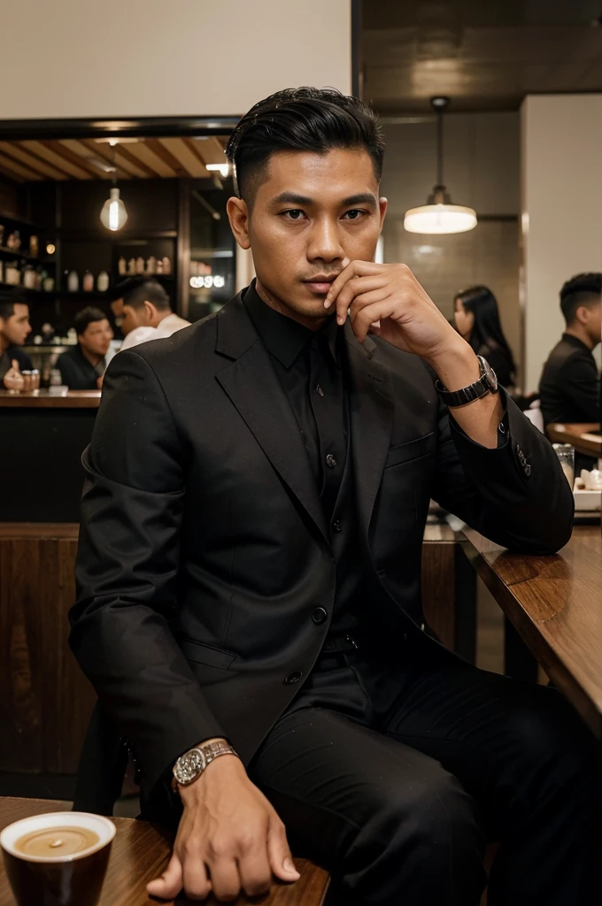 a handsome Indonesian man aged 30 years wearing a black mafia suit, black trousers  ,Undercut hair is combed neatly, relaxing while sitting with a bunch of mafia ,On the table there are cigarettes, black coffee snacks in a cafe ,the background of the night is full of people until it is real,ultra,quality,very sharp,clear