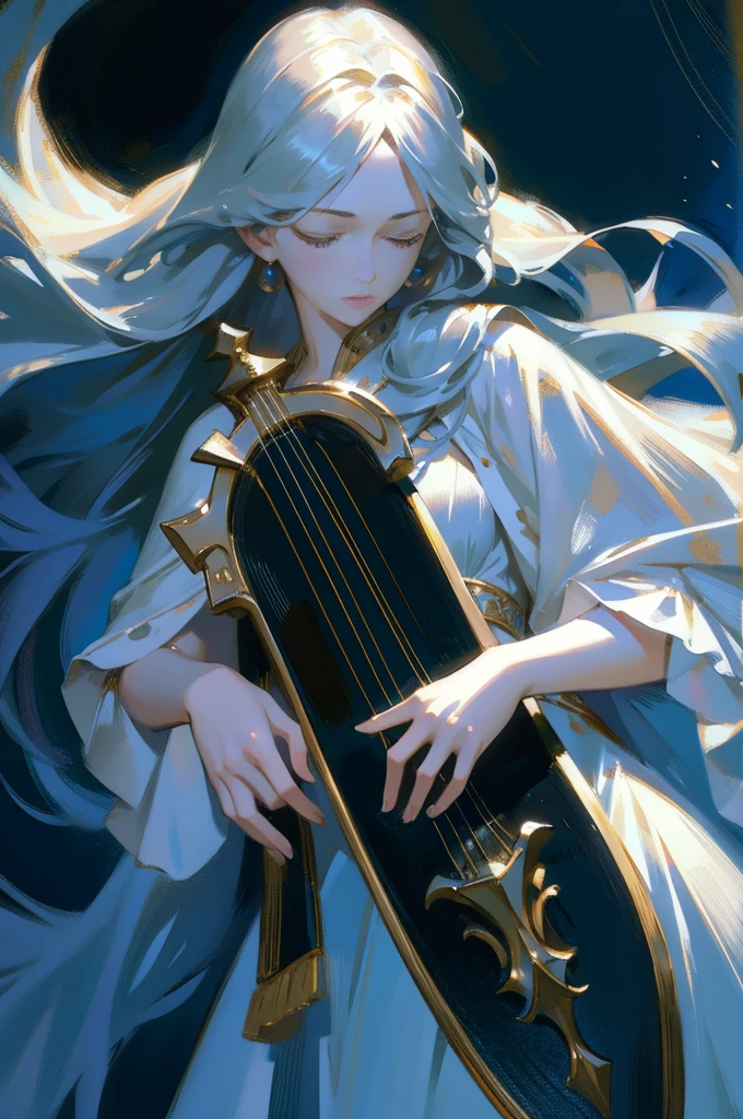 a beautiful girl with long hair playing the harp, detailed facial features, eyes closed, wearing a white dress, realistic painting, perverted, figurative art, detailed depiction, realistic, an artwork of the contours seen from the side, simple background