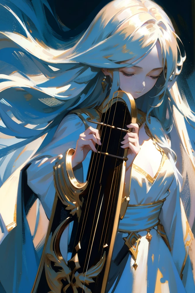 a beautiful girl with long hair playing the harp, detailed facial features, eyes closed, wearing a white dress, realistic painting, perverted, figurative art, detailed depiction, realistic, an artwork of the contours seen from the side, simple background