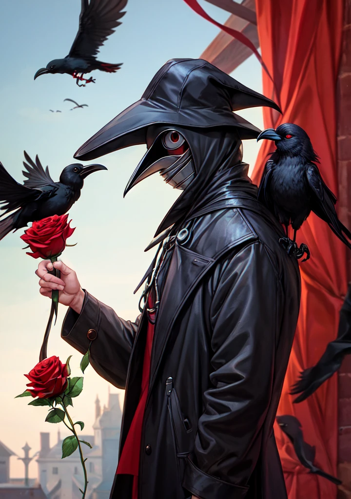 the plague doctor holding a red rose with a crow on his shoulder.