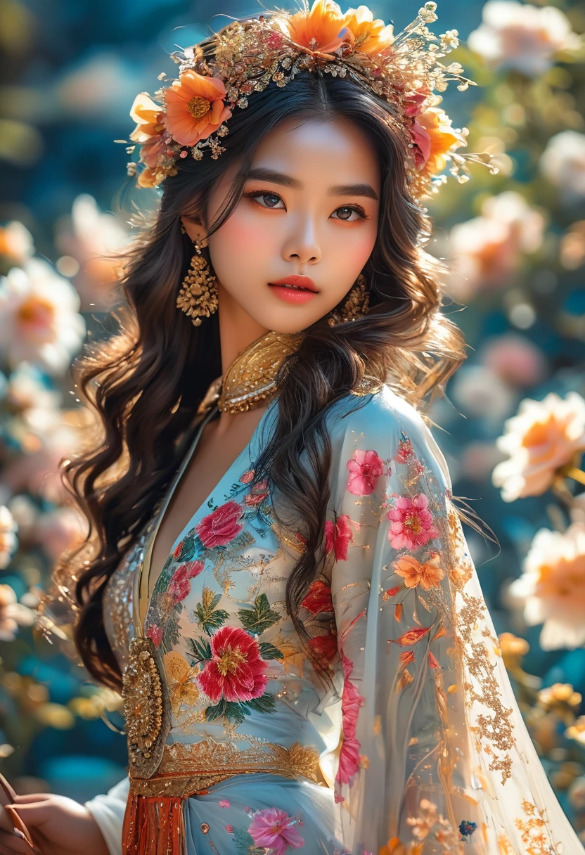 Myanmar girl big ass Myanmar dress Flower drawing very detail, soft lighting glow effect, cinematic look, beautiful hair