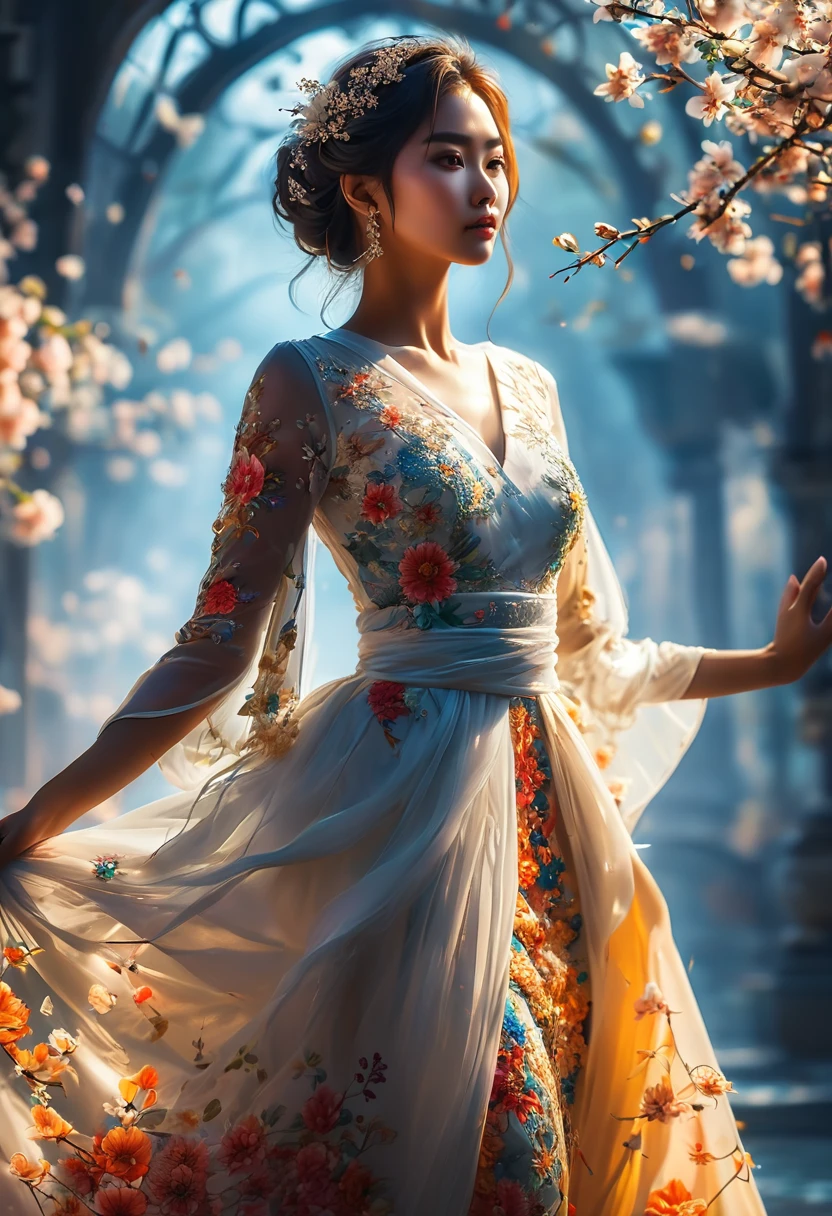 Myanmar girl big ass Myanmar dress Flower drawing very detail, soft lighting glow effect, cinematic look, beautiful hair