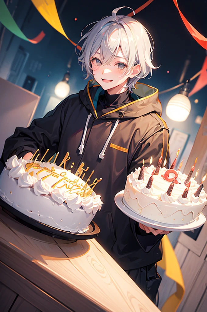 Celebrate a birthday,chum,Kizuna element,Young men,a cake,a smile,Gray Hair