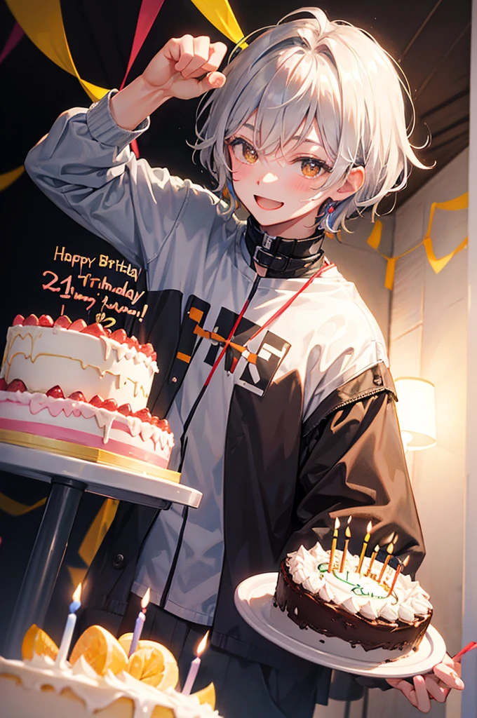 Celebrate a birthday,chum,Kizuna element,Young men,a cake,a smile,Gray Hair