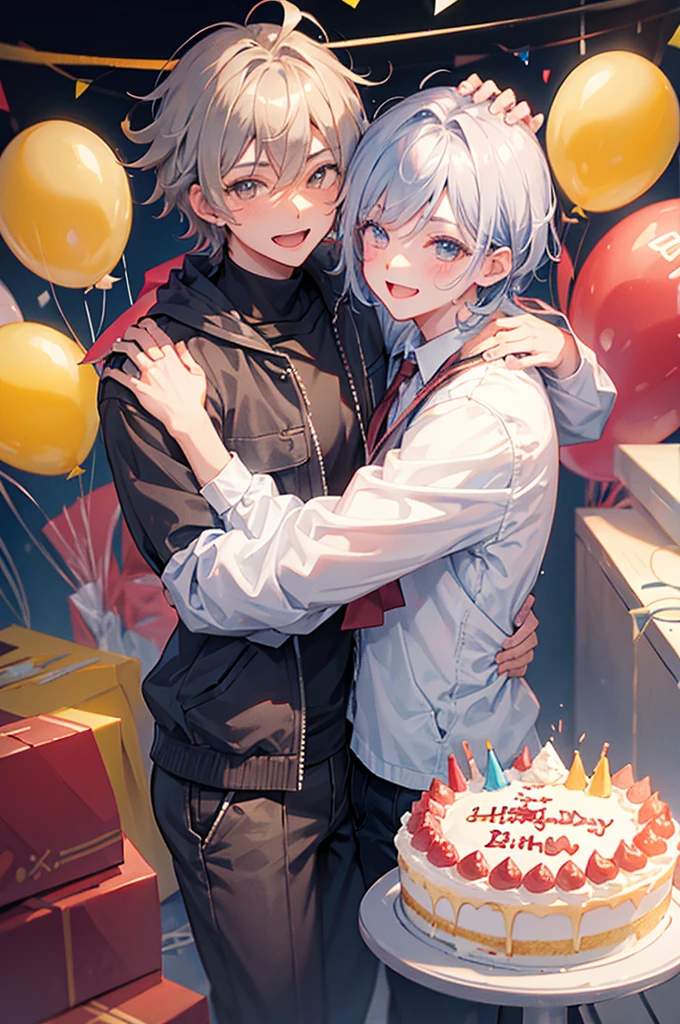 Celebrate a birthday,chum,Kizuna element,Young men,a cake,a smile,Gray Hair