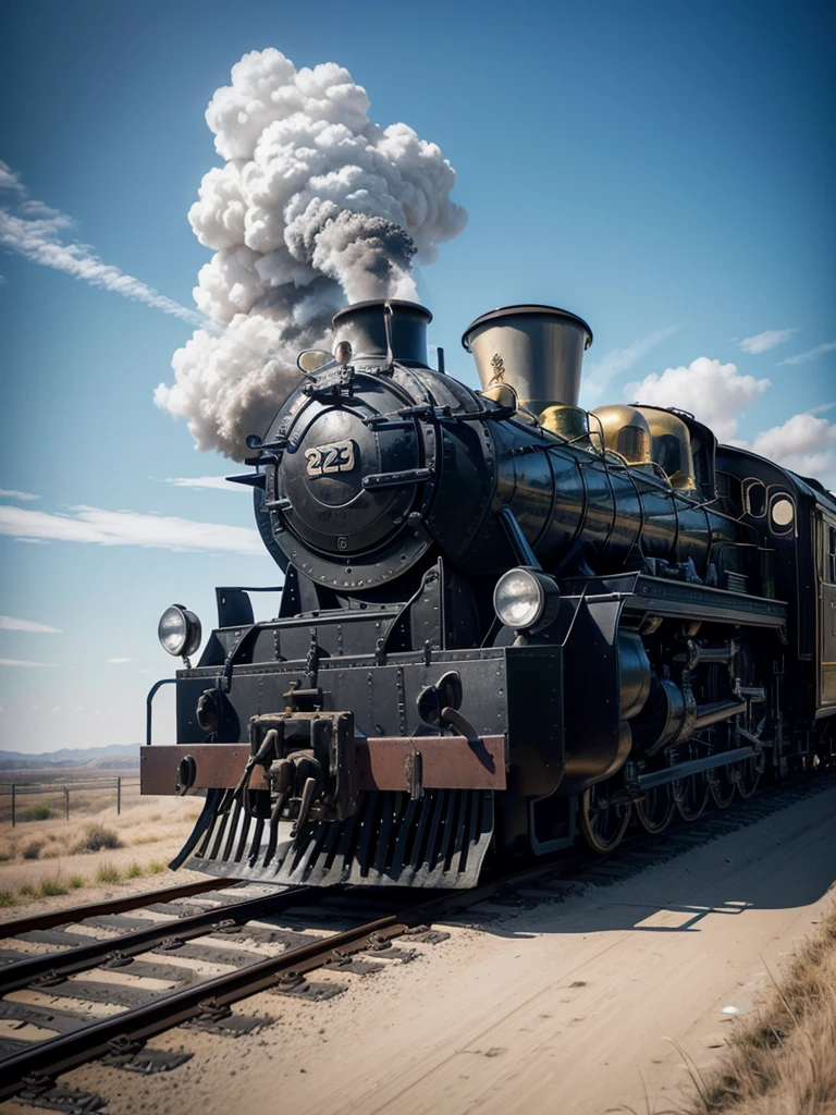 Create a train with chrome parts, moving image, light background, Art Canvas, steam locomotive artistic painting. exuberante, impressive. blue sky. day Of course.
