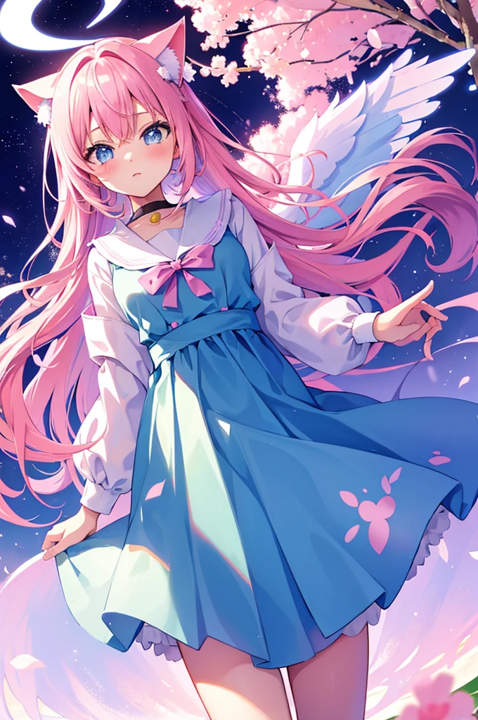 Noa senpai wa tomodachi style,pastel,glitter,Angel shota,glowing halo,cat ears,pink long hair,angel wings,